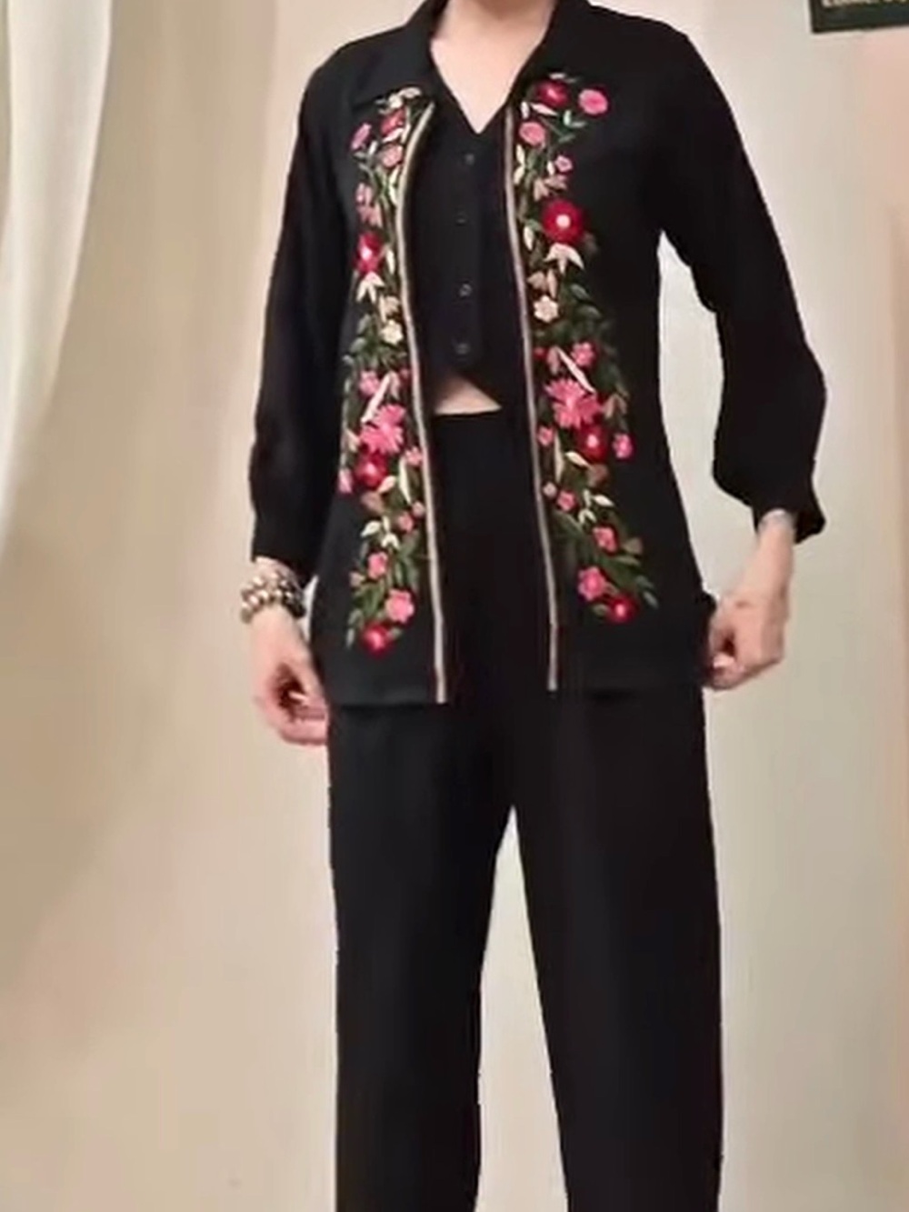 Embroidered Black coord set with vest and Floral Jacket, Advita brand
